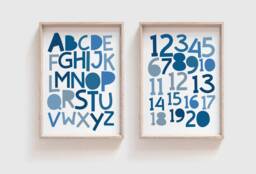 Set Of 2 Alphabet & Numbers Prints, Boys Nursery Abc Print, Playroom Wall Art, Poster, Educational Art - thumbnail 1