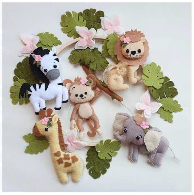 Safari Animals Baby Mobile Giraffe, Lion, Tiger, Elephant, Zebra Felt Handmade Nursery Decor Newborn - image 1