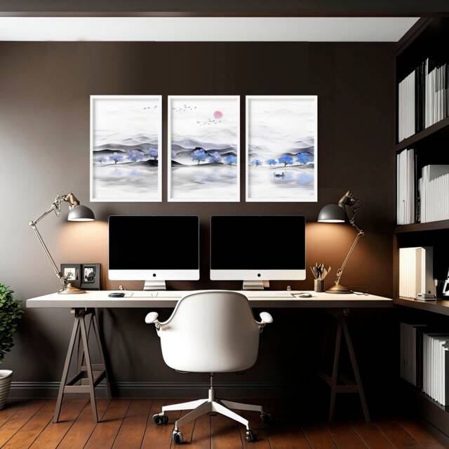 Calming Japanese Office Desk Decor For Men Set Of 3 Framed Panel Wall Art, Blue Large Japandi Designer Landscape Gallery Art - image 1
