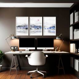 Calming Japanese Office Desk Decor For Men Set Of 3 Framed Panel Wall Art, Blue Large Japandi Designer Landscape Gallery Art - thumbnail 1