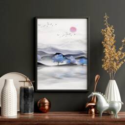 Calming Japanese Office Desk Decor For Men Set Of 3 Framed Panel Wall Art, Blue Large Japandi Designer Landscape Gallery Art - thumbnail 3