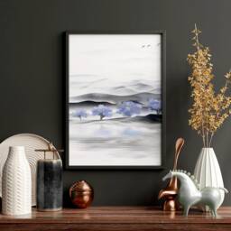 Calming Japanese Office Desk Decor For Men Set Of 3 Framed Panel Wall Art, Blue Large Japandi Designer Landscape Gallery Art - thumbnail 2
