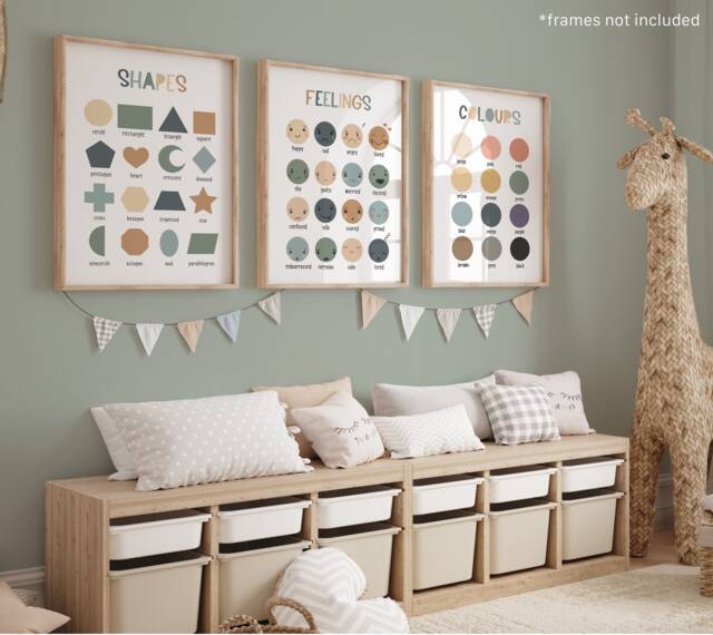 Set Of 3 Educational Nursery Prints, Shapes Print, Feelings Chart, Colours Scandi Decor, Playroom Prints - image 1