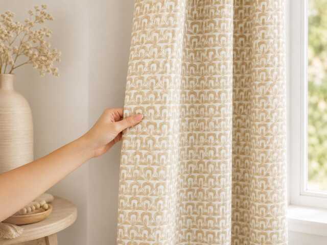 Beige Geometric Curtain Panel, Neutral Boho Window Drapes, Modern Vintage Pattern Polyester Curtains - image 1