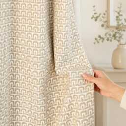 Beige Geometric Curtain Panel, Neutral Boho Window Drapes, Modern Vintage Pattern Polyester Curtains - thumbnail 2