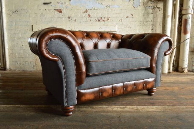 Chesterfield Snuggle Chair, Antique Tan Brown Leather & Dark Grey Wool, British Handmade - image 1