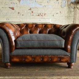 Chesterfield Snuggle Chair, Antique Tan Brown Leather & Dark Grey Wool, British Handmade - thumbnail 2