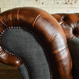 Chesterfield Snuggle Chair, Antique Tan Brown Leather & Dark Grey Wool, British Handmade - thumbnail 3