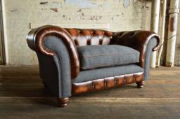 Chesterfield Snuggle Chair, Antique Tan Brown Leather & Dark Grey Wool, British Handmade