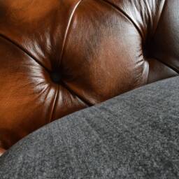 Chesterfield Snuggle Chair, Antique Tan Brown Leather & Dark Grey Wool, British Handmade - thumbnail 4