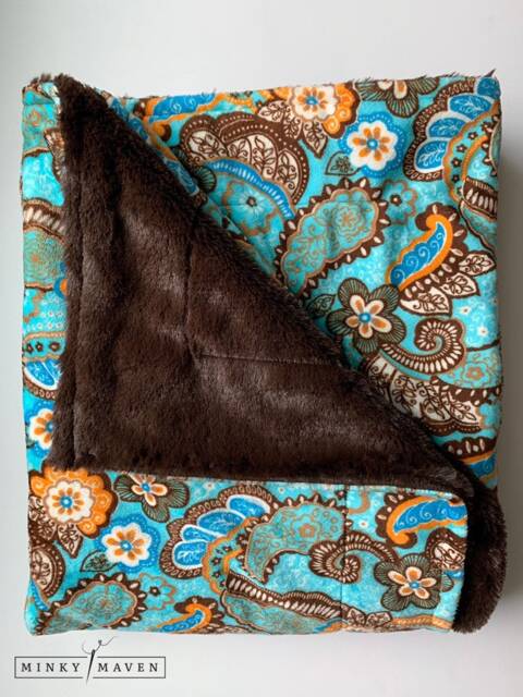 "Free & Easy - Minky Blanket - Turquoise, Brown, Cream Paisley Multi-Color Front, A Brown Luxe Cuddle, Super Soft Back 50""x60" - image 1