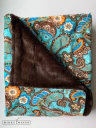 "Free & Easy - Minky Blanket - Turquoise, Brown, Cream Paisley Multi-Color Front, A Brown Luxe Cuddle, Super Soft Back 50""x60"