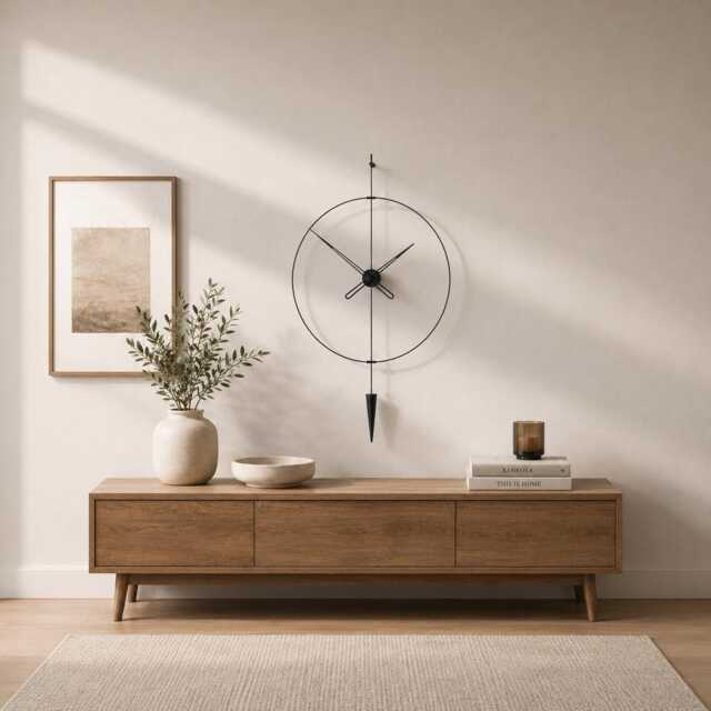 Black Pendulum Wall Clock, Modern Minimalist Decor, Warm Neutral Living Room Statement Piece - image 1