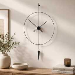 Black Pendulum Wall Clock, Modern Minimalist Decor, Warm Neutral Living Room Statement Piece - thumbnail 2