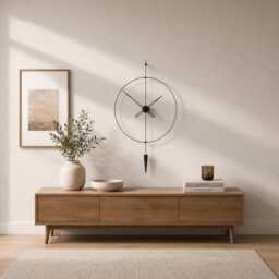 Black Pendulum Wall Clock, Modern Minimalist Decor, Warm Neutral Living Room Statement Piece - thumbnail 1