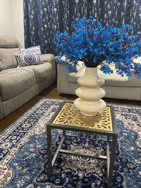 Handmade Moroccan Metal Side Table, Geometric Wood & Acrylic Glass Top - image 1