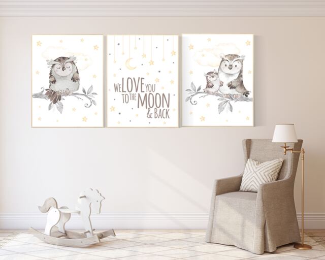 Owl Nursery Decor Print Moon & Stars Baby Room Wall Art - image 1