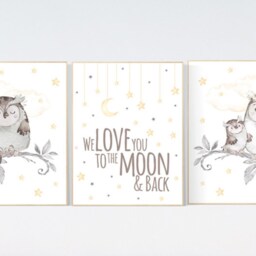 Owl Nursery Decor Print Moon & Stars Baby Room Wall Art - thumbnail 2