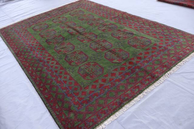 7x10 Green Ersari Turkmen Bukhara Rug, Afghan Hand Knotted Soft Wool Tribal Area Oriental Rug, Rug For Bedroom Living Room - image 1