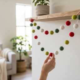 Wool Felt Ball Christmas Garland Red, Green, & White Pom Poms - thumbnail 2