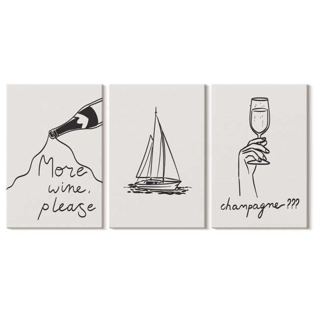 Set Of 3 Canvas Prints - Wine Sailboat Champagne Glass Linear Style, Creamy Picture Print, Food & Drinks Wall Decor - image 1