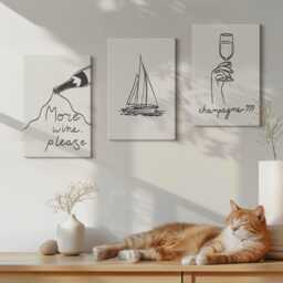Set Of 3 Canvas Prints - Wine Sailboat Champagne Glass Linear Style, Creamy Picture Print, Food & Drinks Wall Decor - thumbnail 2