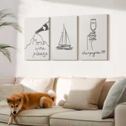 Set Of 3 Canvas Prints - Wine Sailboat Champagne Glass Linear Style, Creamy Picture Print, Food & Drinks Wall Decor - thumbnail 3