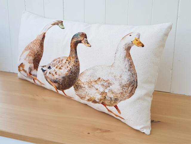 Ducks Organic Cotton Cushion Farmyard Art By Wendy Darker - 26x12 - image 1