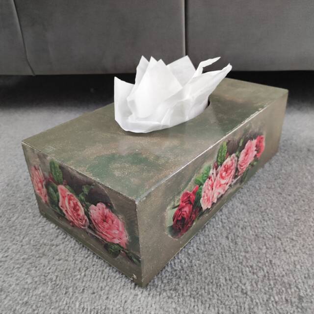 Decoupage Wooden Tissue Box Cover Vintage Pink Roses Motif - image 1