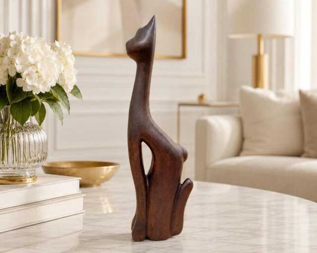 Wood Sculpture Sitting Cat Handcarved Figurine Gift Idea Boho Art Statue - image 1
