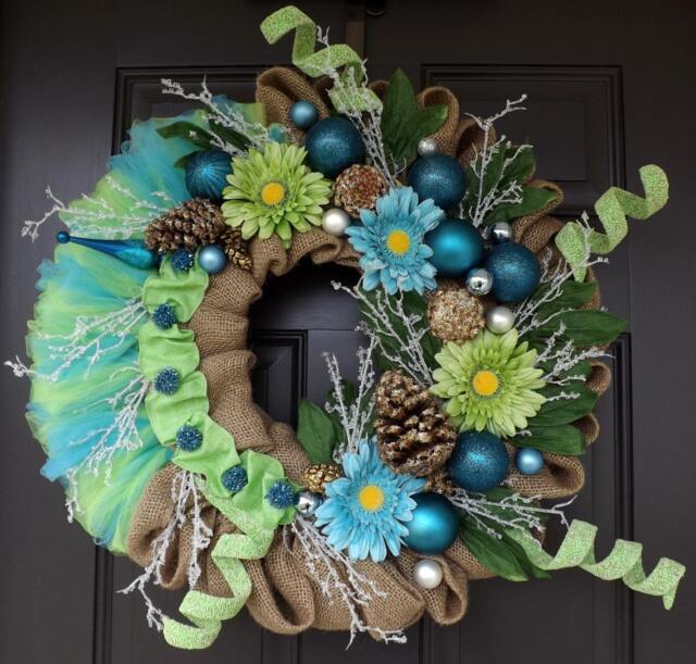 Green Blue Christmas Wreath With Flowers - Dream/Unique Gift Decorations Ornament - image 1