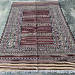 Handwoven Afghan Kilim Rug 4x6 Ft Cream & Burgundy Tribal Flatweave - thumbnail 2