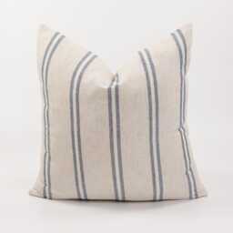 Rustic Cotton & Rayon Blue Striped Throw Pillow Cushion Cover Beige Oatmeal Farmhouse Coastal Nautical - thumbnail 1