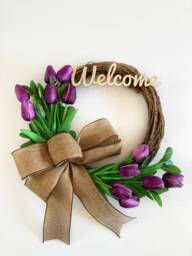 Purple Tulip Wreath Spring Door Decor With Welcome Sign - thumbnail 1
