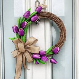 Purple Tulip Wreath Spring Door Decor With Welcome Sign - thumbnail 2