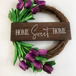 Purple Tulip Wreath Spring Door Decor With Welcome Sign - thumbnail 3
