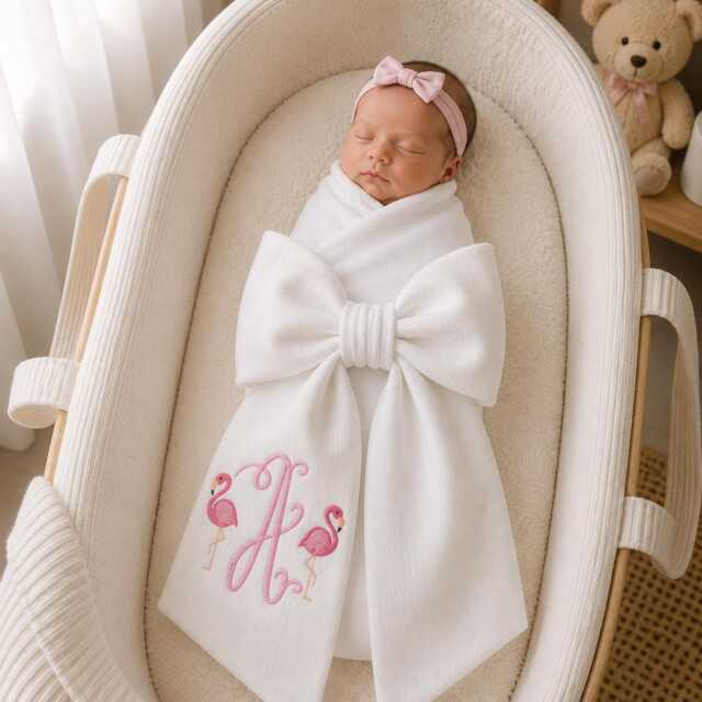 Custom Flamingo Embroidered Newborn Bow Sash, Baby Boy Girl Hospital Swaddle, Sash For Picture, Shower Gift - image 1