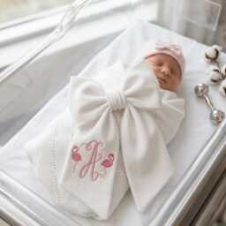 Custom Flamingo Embroidered Newborn Bow Sash, Baby Boy Girl Hospital Swaddle, Sash For Picture, Shower Gift - thumbnail 3