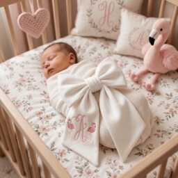 Custom Flamingo Embroidered Newborn Bow Sash, Baby Boy Girl Hospital Swaddle, Sash For Picture, Shower Gift - thumbnail 2