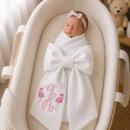 Custom Flamingo Embroidered Newborn Bow Sash, Baby Boy Girl Hospital Swaddle, Sash For Picture, Shower Gift