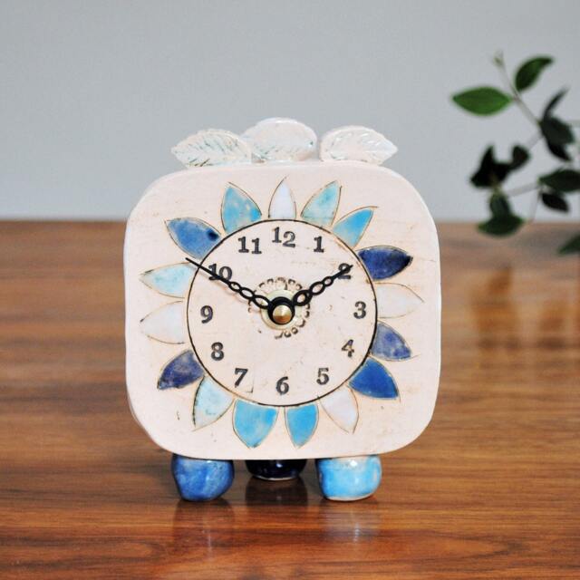 Handmade Ceramic Analogue Daisy Clock Blue & White Floral Mantel Clock - image 1
