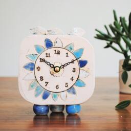 Handmade Ceramic Analogue Daisy Clock Blue & White Floral Mantel Clock - thumbnail 3