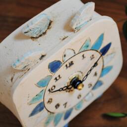 Handmade Ceramic Analogue Daisy Clock Blue & White Floral Mantel Clock - thumbnail 2