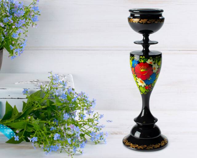 Hand Painted Wooden Candle Holder Ukrainian Petrykivka Art S121 - image 1