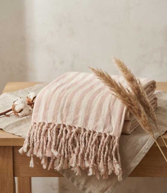 Rose Color Linen Beach Towel, Turkish Picnic Blanket, Large Blanket Throw, Peshtemal Set, Salmon Stripe Table Throw - image 1