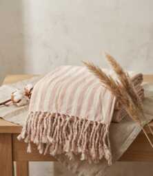 Rose Color Linen Beach Towel, Turkish Picnic Blanket, Large Blanket Throw, Peshtemal Set, Salmon Stripe Table Throw - thumbnail 1