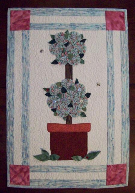 Seasonal Flower Topiary Quilted Wall Hanging, With Buttons, Yo-Yos, 3D Leaves Pattern 18x26 - image 1