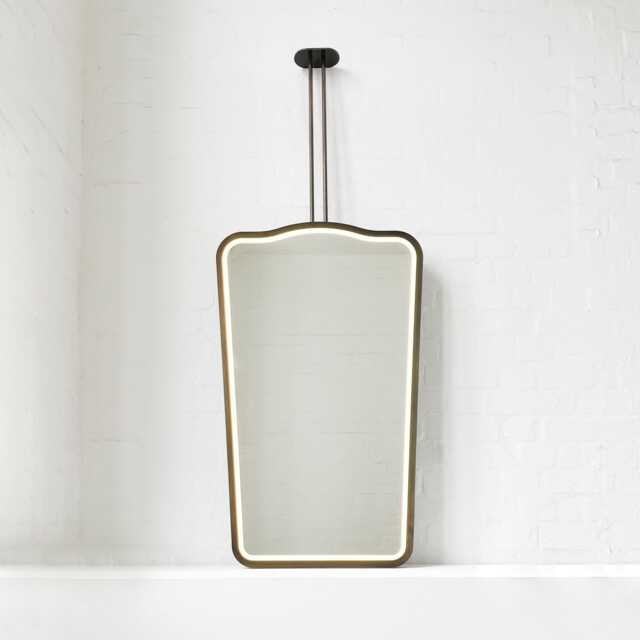 Mid Century Inspired Ceiling Suspended Illuminated Mirror With Bronze Patina Frame & Twin Arms - Vintage N.4 - image 1