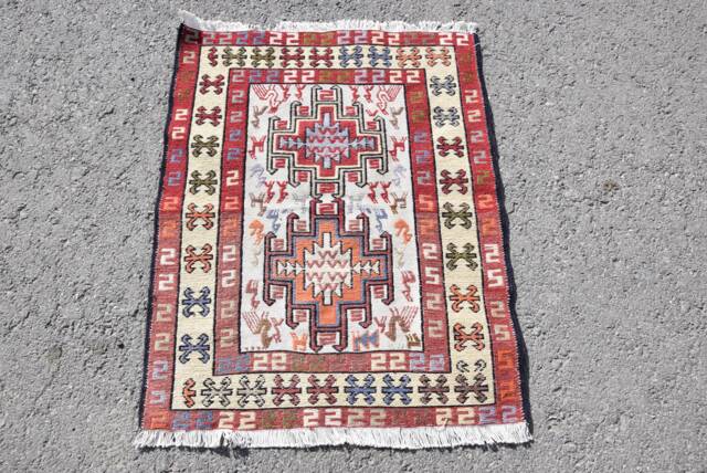 Turkish Kilim, Rugs For Nursery, Handmade 2.5x3.1 Ft Small Vintage Red Car Mat Kilim - image 1