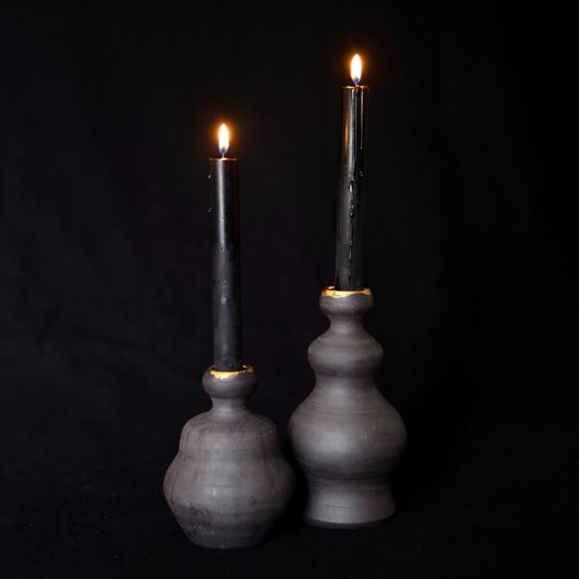 Handmade Black Ceramic Candle Holder Set 14K Gold Plated - image 1
